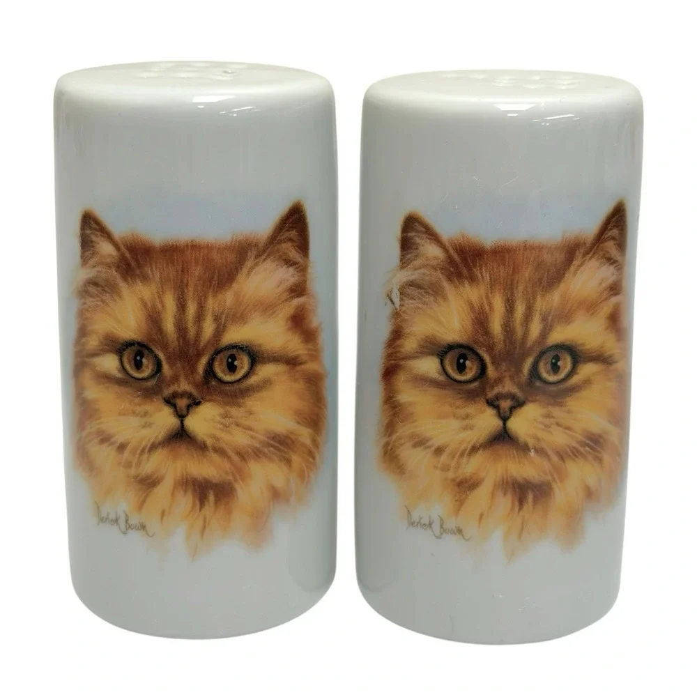 VTG Derick Brown Ceramic Ginger Persian Cat Kitty Salt & Pepper Shakers Stoppers